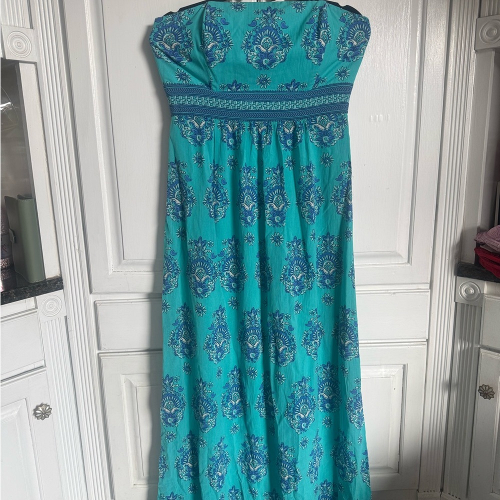 Vineyard Vines strapless maxi dress in blue green paisley